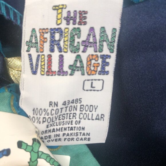 Vintage The African Village Tunic Womens Large Blue Gold Ethnic Tribal Artsy NEW - Picture 7 of 16